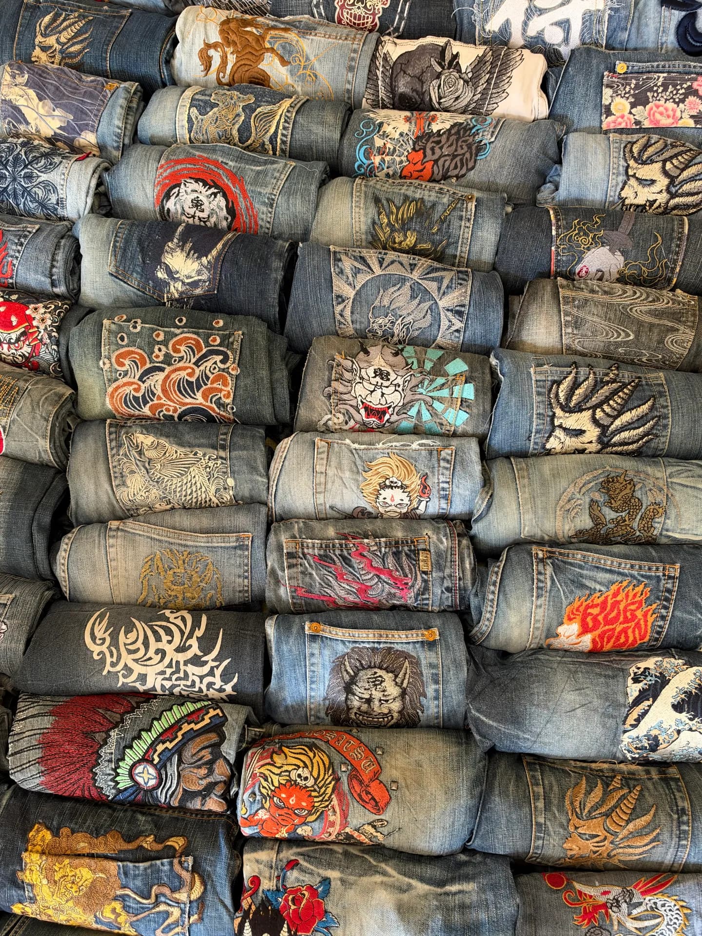Japanes Embroidery Big Train Onirai Jizo Japanies Jeans